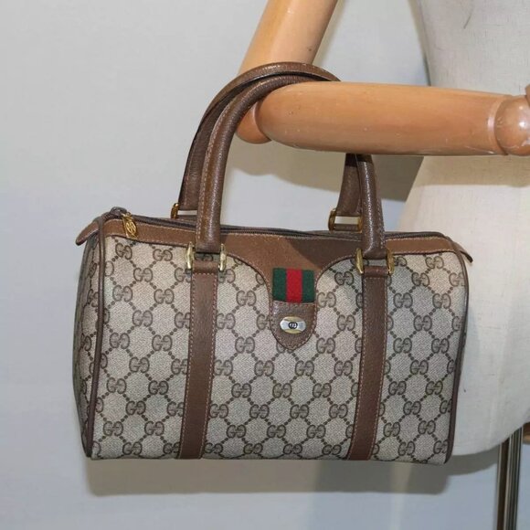 GUCCI GG Supreme Web Sherry Line Boston Bag PVC Beige Gold - Picture 1 of 15